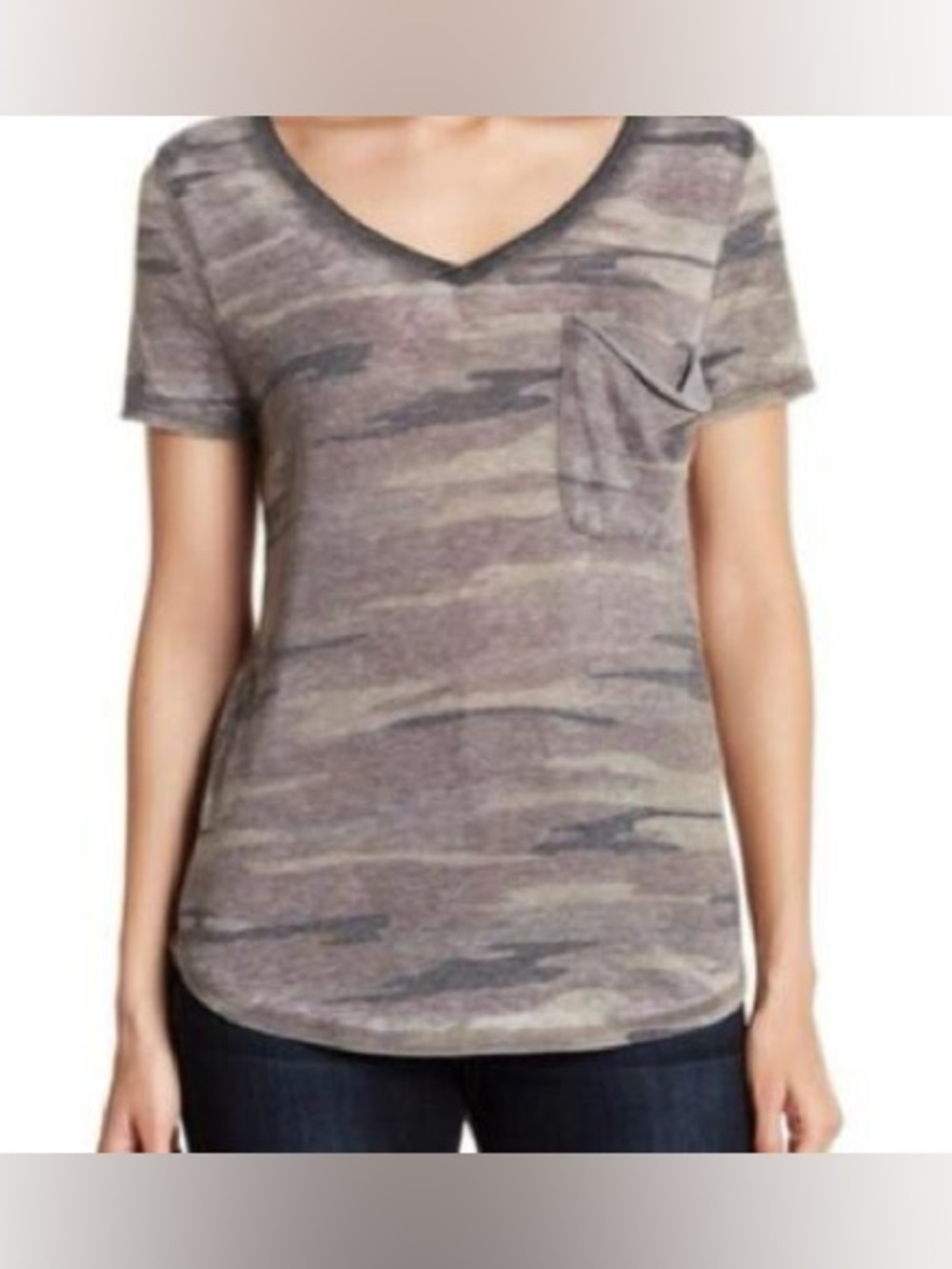 Socialite Gray and Cream Camo V-Neck Short Sleeve Tee